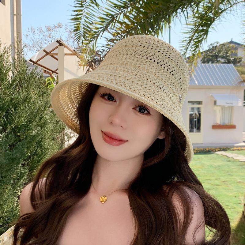 Шляпа Женская Летняя Солнцезащитная Вязаная Панама с Маленькими Полями Рыбацкая Тонкая Полая Сверхлегкая Повседневная Шляпа-Ведро Универсальная
