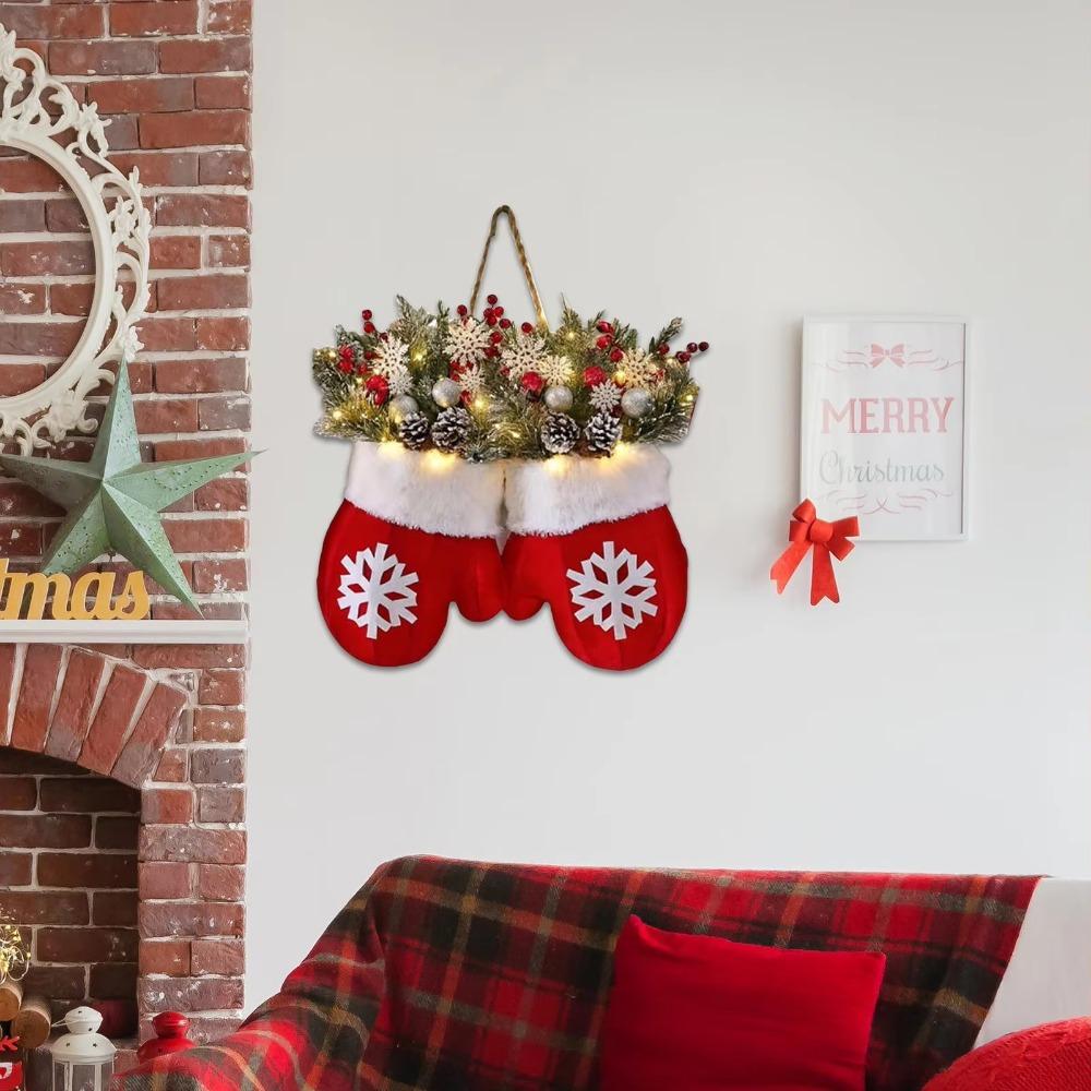 Со светодиодной подсветкой Рождественский венок из варежек Искусственные ягоды Рождественская гирлянда на дверь Новый год
