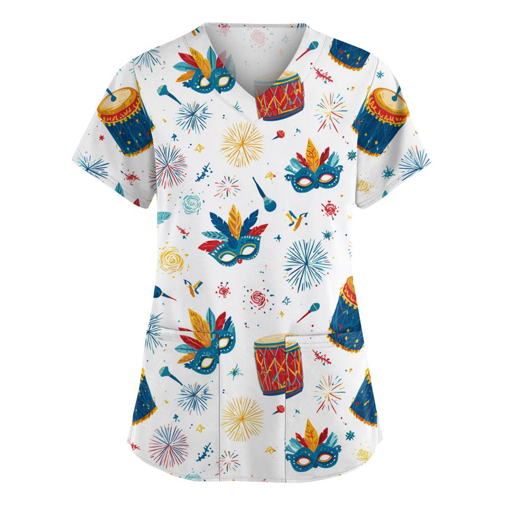 Женская мода V-образный вырез короткий рукав комбинезон с карманами принт топы одежда