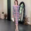 Temperament Slim Striped Knitted Sexy Dress Women Elegant Autumn Single Breasted Casual Women's Sweeter Dresses Winter Long Sleeve Lady Dress 25949