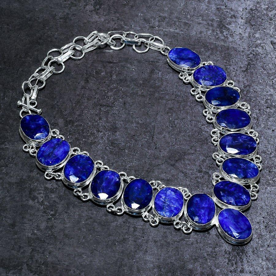 Natural Sapphire(Simulated) 925 Sterling Silver Jewelry Necklace 18" z9V91