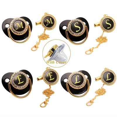 Черная пустышка для младенцев с крышкой Имя ребенка Начальная буква A-Z Силиконовый младенческий Прорезыватель Пустышка Клипсы Набор Baby Shower Подарок