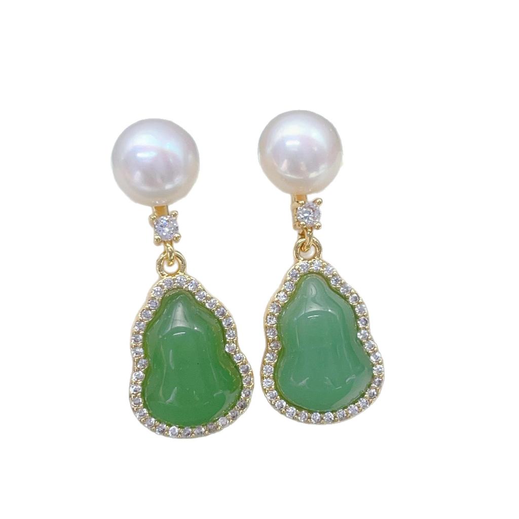 Natural Freshwater Pearl Earrings Imitation Jade Marrow Gourd Fashionable and Versatile New Chinese Earrings Gift