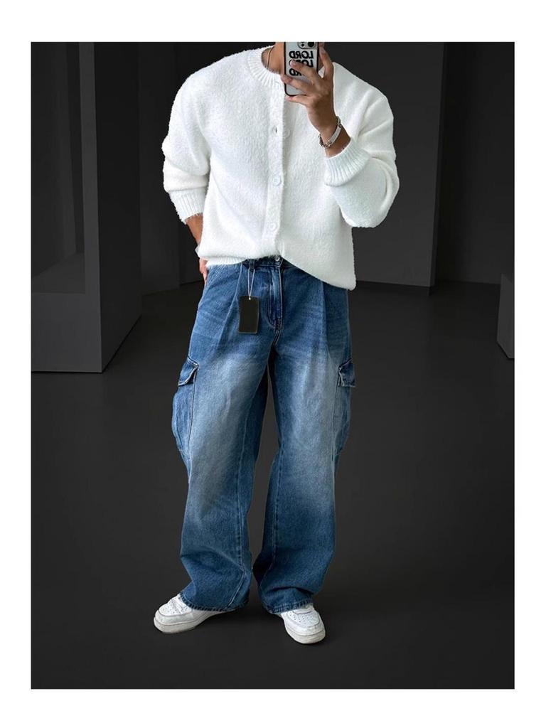 Мужской мягкий пушистый белый вязаный кардиган - Корейский стиль, Удобный и теплый, Круглый вырез, Свободный крой