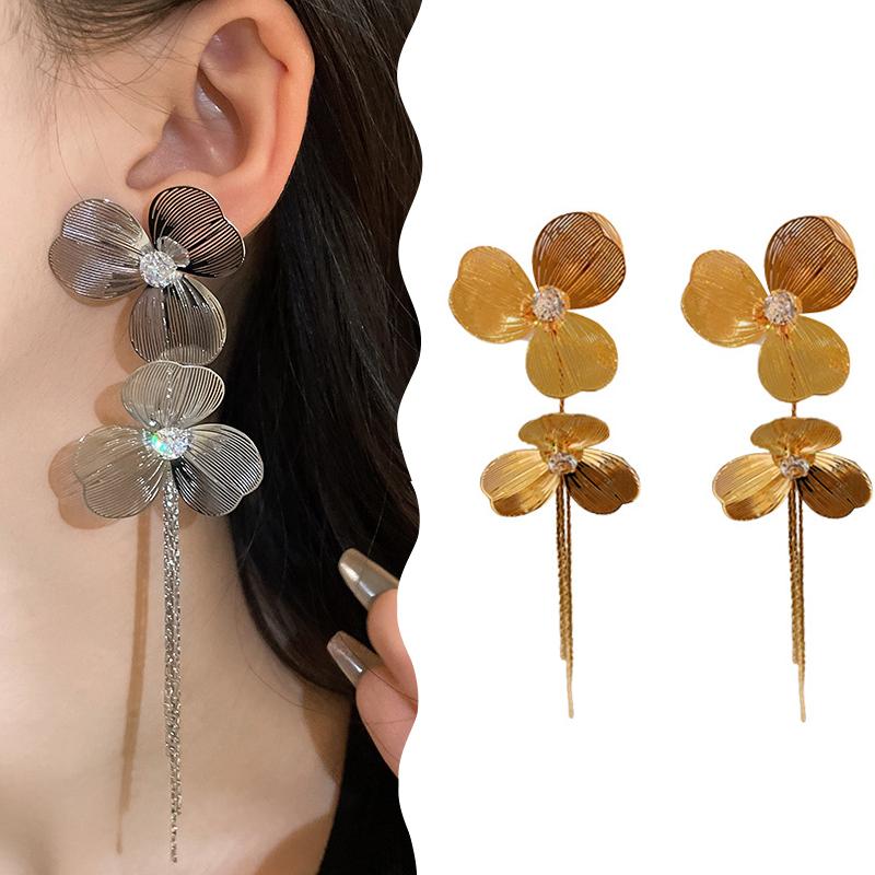 1Pair Exaggerated Unique Metal Flower Tassel Long Drop Earrings For Women Girls Personalized Earrings Daily Accessories Gifts