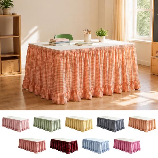 Reusable Table Accessories for School Ruffled Plaid Skirt, Durable Polyester Cover with Hook And Easy to Attach Skirting Loop Fasteners, Decorative