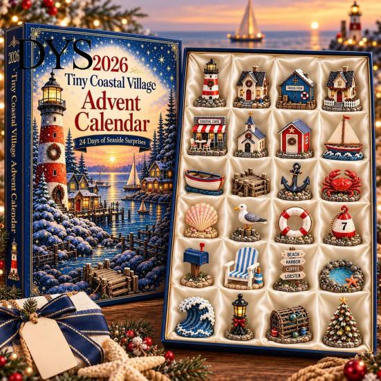 Holiday Room Decor Tiny Coastal Village Advent Calendar, 24 Day Christmas Countdown Travel Companion Toy Decoration, Acrylic Ornament for Kids