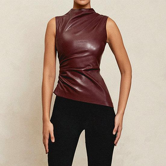 Женский модный мотоциклетный жилет с воротником без рукавов и застежкой-молнией, украшения, топы с неровным подолом, эластичный топ из искусственной кожи