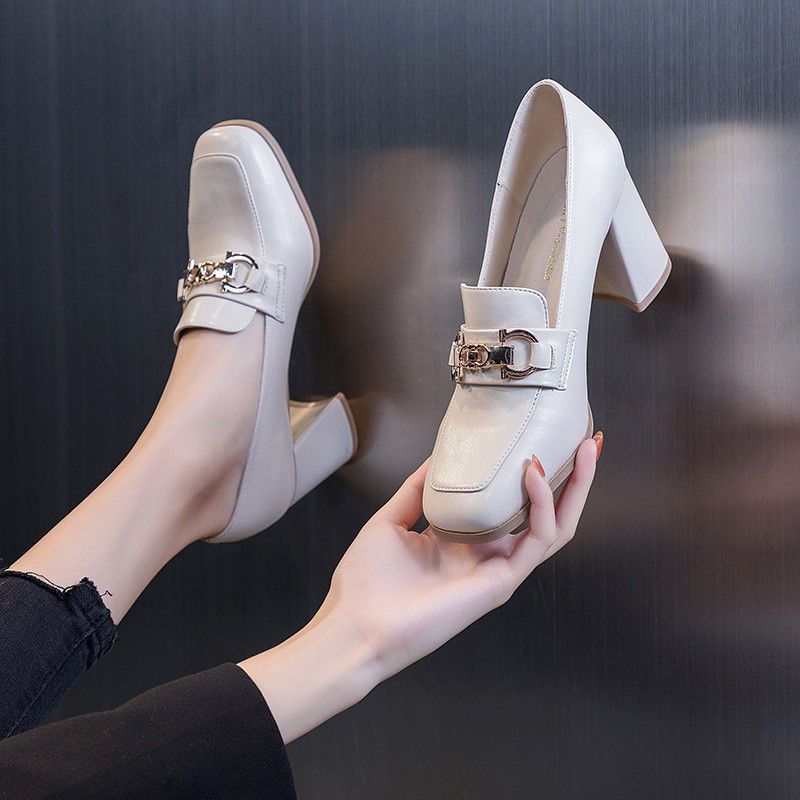 FHC Новые Женские Мягкие Туфли-Лодочки, На Высоком Каблуке, Лоферы, Мелкие Туфли, Квадратный Носок, Без Шнурков, Британский Стиль, Черный, Бежевый, Прямая Поставка