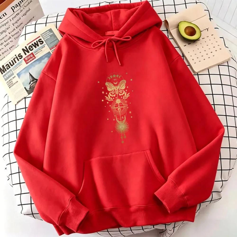 Vintage Butterfly with Moon Graphic Print Hoody Spring Autumn Winter Long Sleeve with Pocket Casual Hoody Loose Women Sweatshirt