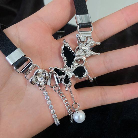 Women Chokder with Butterfly Charm Faux Pearl Hollow Chain Tassel Decor Punk Dark Style Club Party Necklace Faux Leather Adjustable Necklace