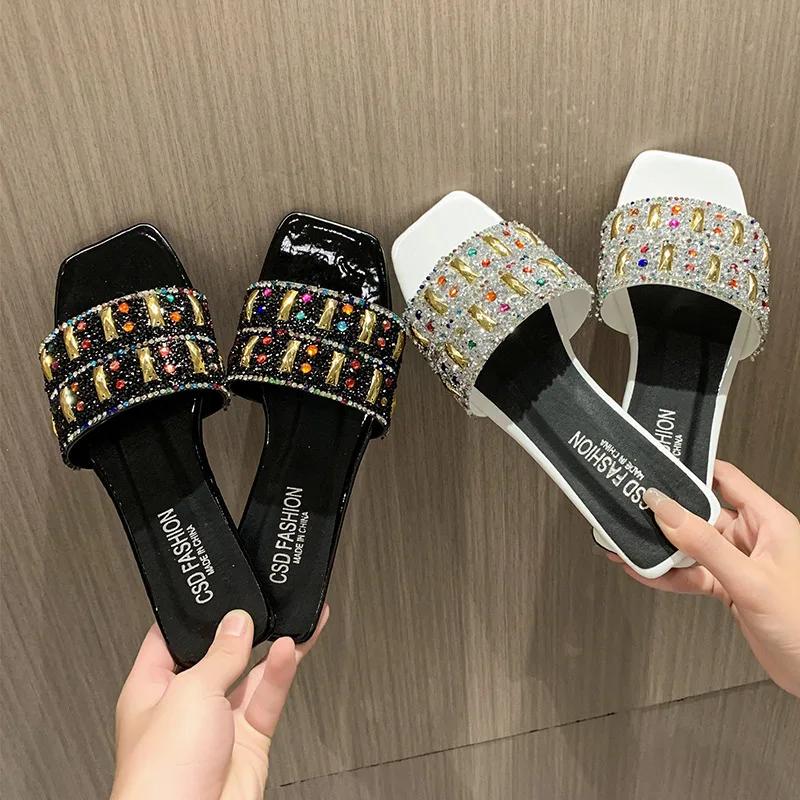 New Style Fashion Women's Slippers Retro Luxury Colored Diamond Flat Bottom Slippers Women's Shoes Popular Sandals Zapatos Mujer