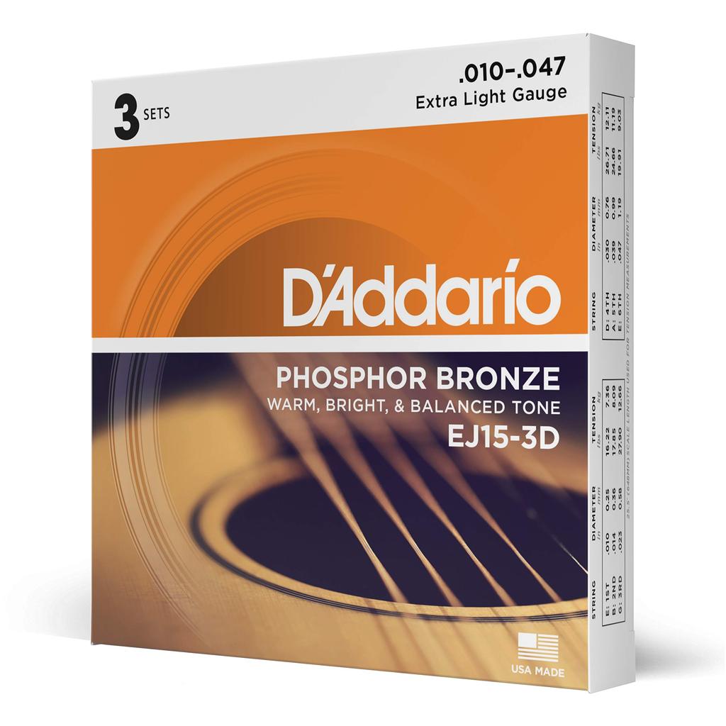 Acoustic Guitar Strings Phosphor Bronze Extra Light 3set Pack D'Addario .010-.047 EJ15-3D []