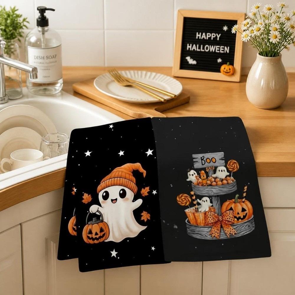 2 pcs Pumpkin Halloween Dish Towels Ghost Dishcloth Durable Hand Towel New Home Gift