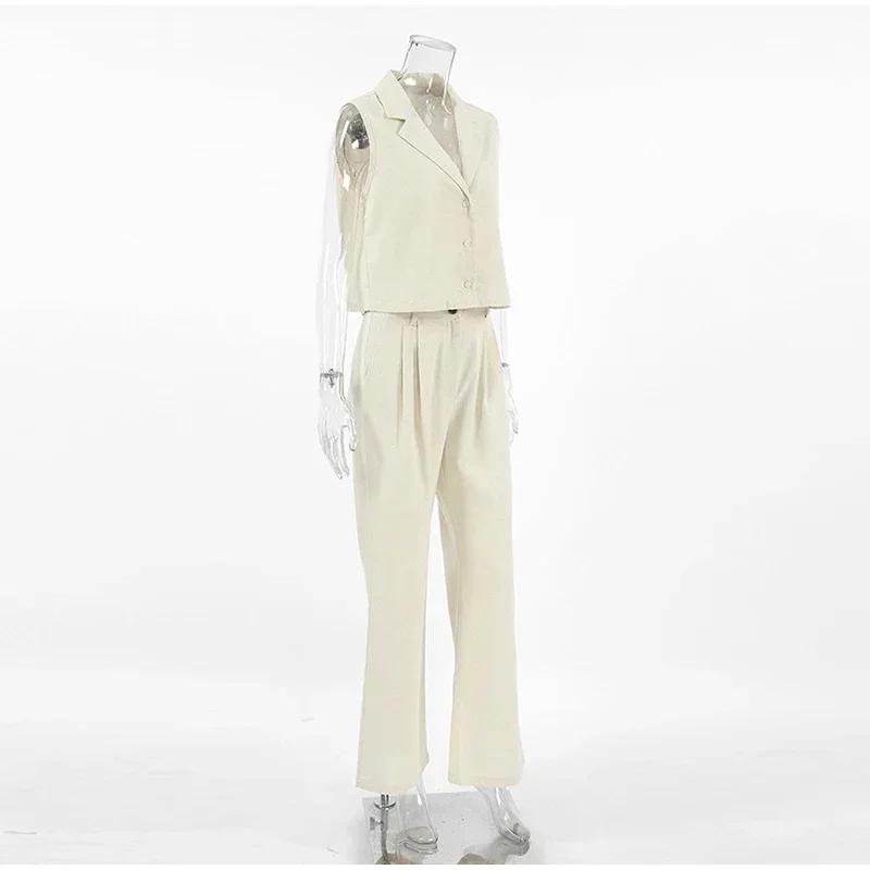 Casual Solid Vest Suit Women Sleeveless Single Breasted Tops High Waist Pants Summer Fashion Lady Elegant Set