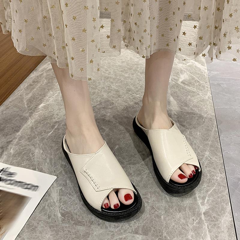 Leather Wedge Sandals and Slippers Women's 2024 Summer New Thick Bottom Raised Platform Shoes Fish Mouth One Word Flip Sandals