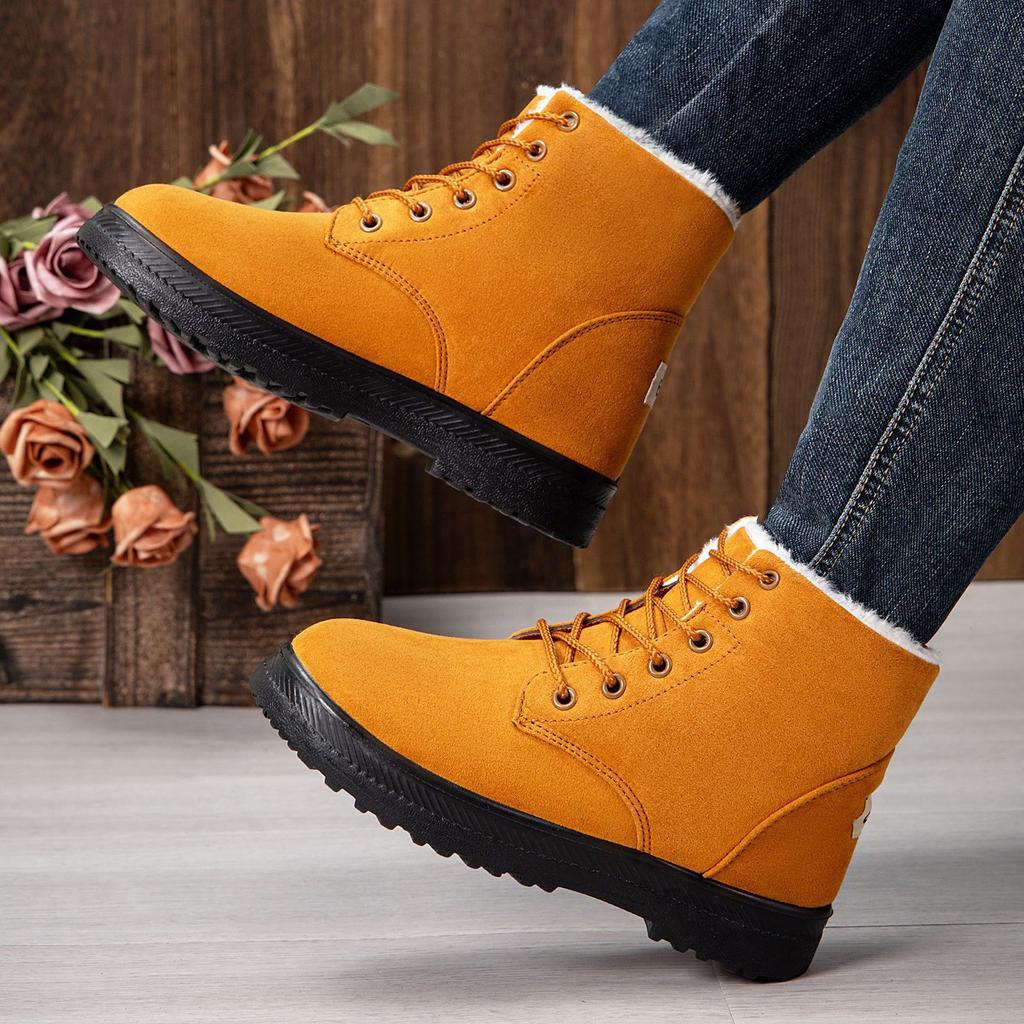 Модные зимние замшевые ботильоны для женщин на шнуровке, короткие коричневые женские ботинки с мехом, теплая хлопковая обувь, женские повседневные ботинки на платформе, зимние ботинки для снега для женщин