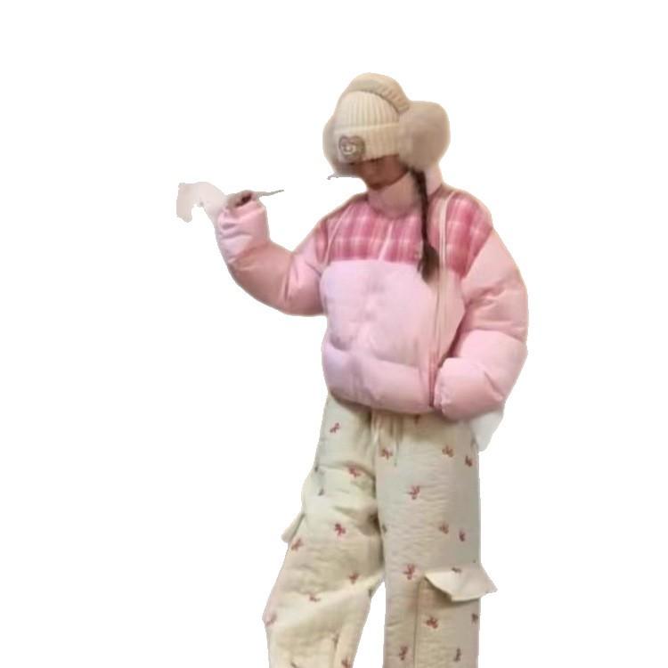 Куртка зимняя новая с воротником-стойкой, короткая, утолщенная, тепловая, в клетку, универсальная, с контрастной цветной вставкой, на хлопковой подкладке