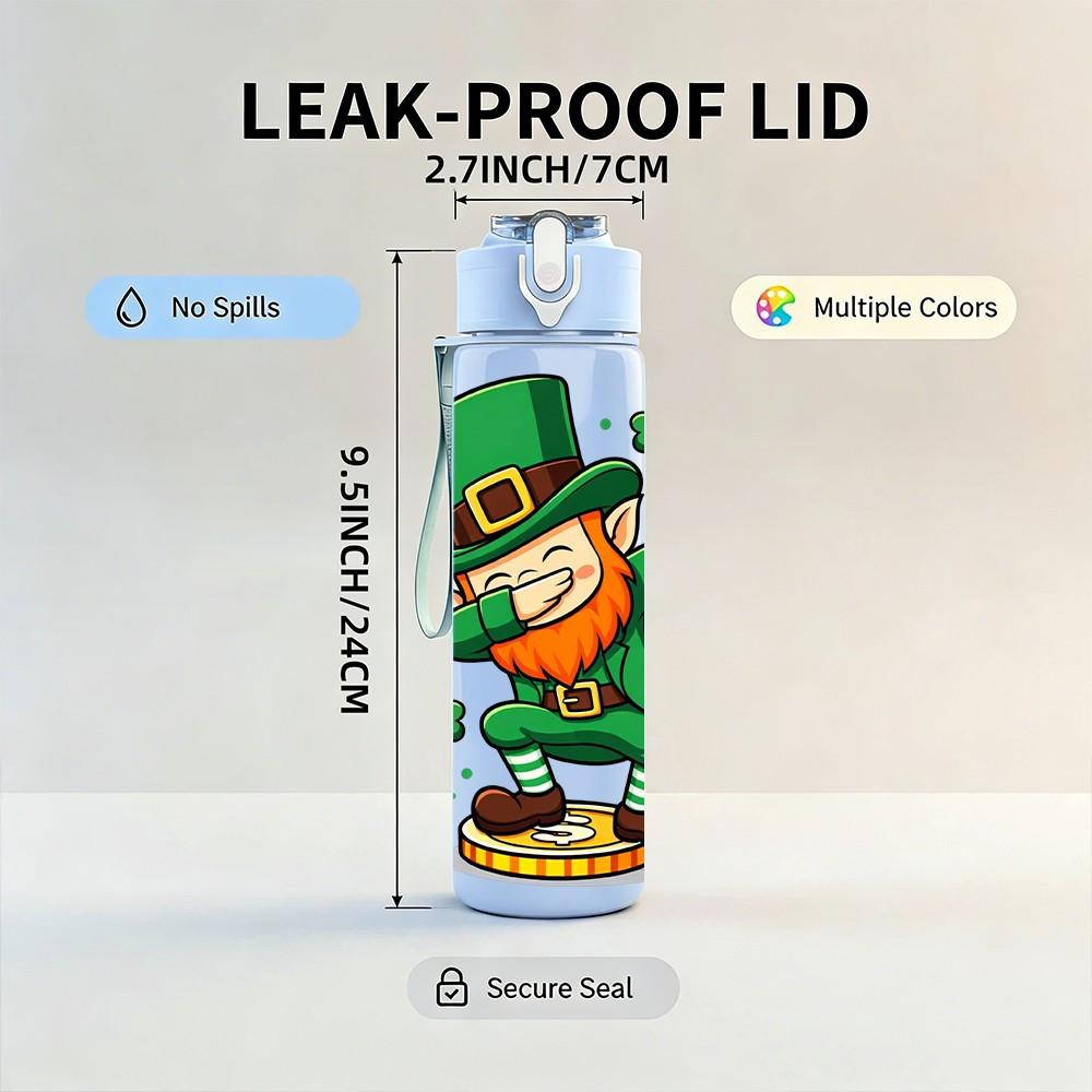 1PC Dancing Leprechaun Saint Patrick Cartoon 750ml Color Plastic Sports Water Bottle Leakproof Flip Straw Lid Suitable for Sports Office Home Use