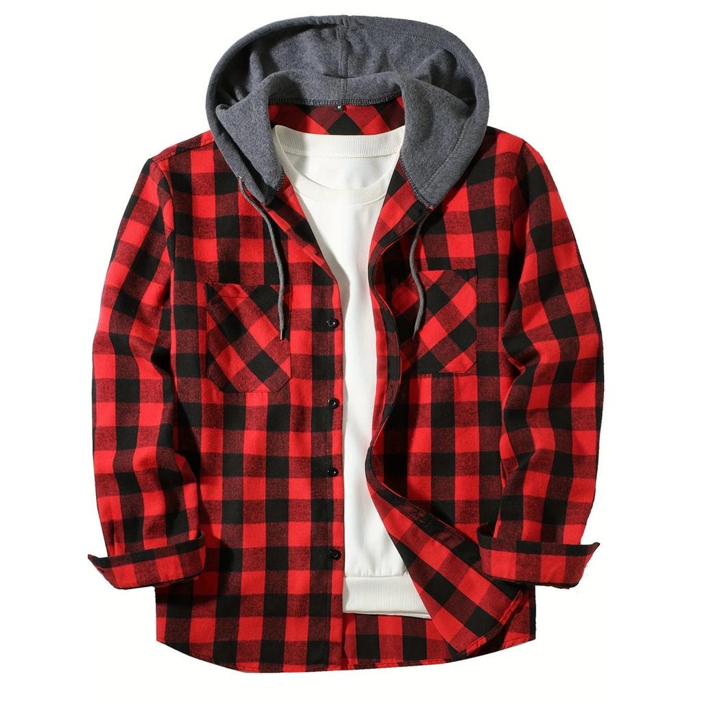 Men's Casual Long-Sleeve Loose-Fit Hooded Plaid Pocketed Shirt