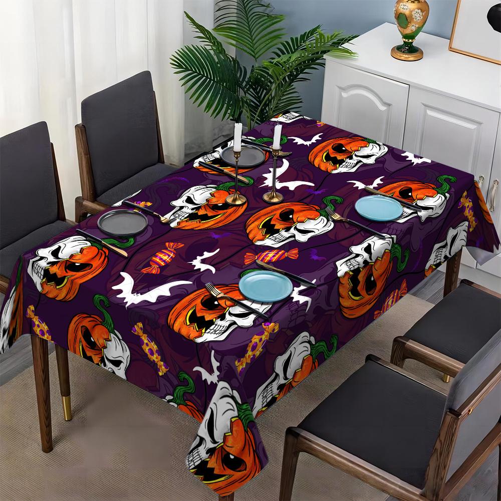 1pc Halloween Themed Tablecloth, Printed with Jack-o'-Lantern, Bat, and Candy Corn Patterns - Dark Purple Rectangular, Suitable for Indoor/Outdoor Par