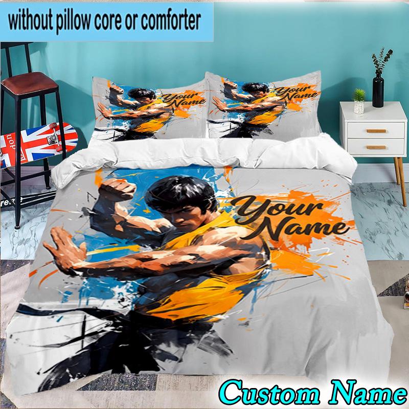 Custom Name 3PCS Dynamic Bruce-Lee Pose Bedding Set,Including  Duvet Cover And 2pcs Pillowcases Perfect for Bedroom,Dormitory,Fan Christmas gift
