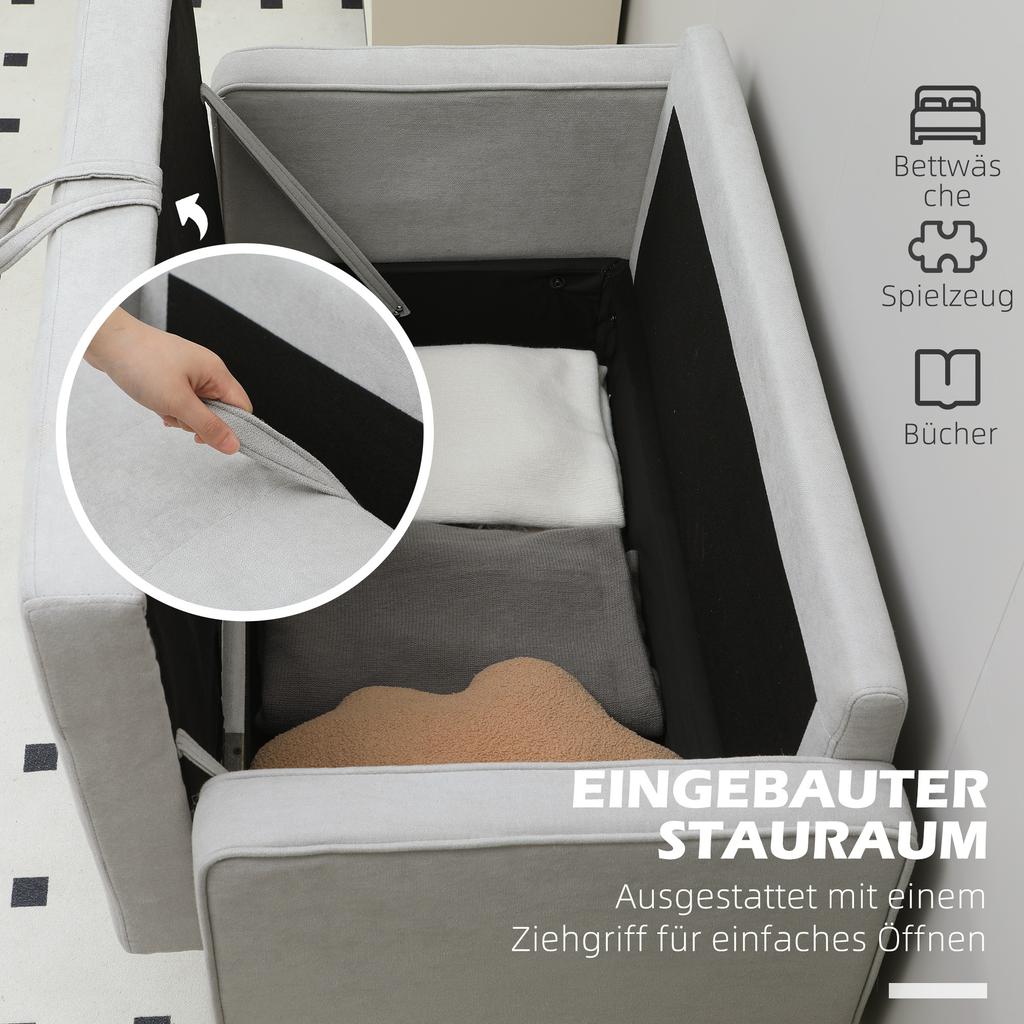 Two-Seater Sofa with Storage, Button Tufting, Cushion, Rubberwood, 117x62x78cm, Light Grey