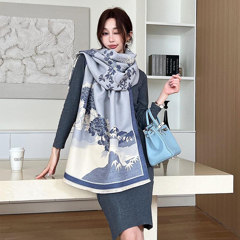 Korean Printed New Fashionable Imitation Cashmere Scarf, Student Dual-purpose Air-conditioned Shawl, Thickened Double-sided Scarf