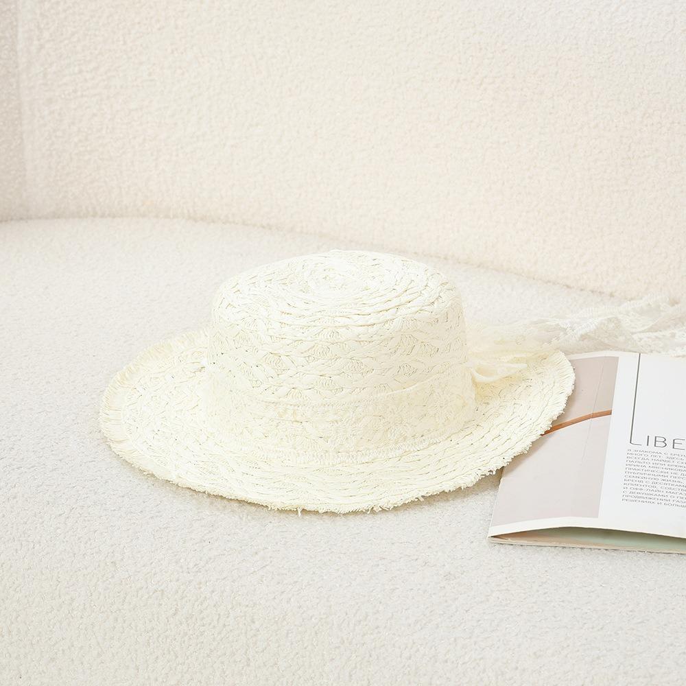 Lace Flower Straw Hat Breathable Material Solid Fringe Beach Straw Hat Extended Brim Elegant Style Wide Brim Sun Hat