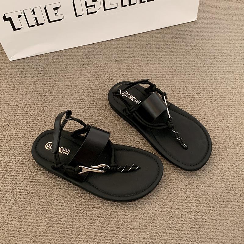 Summer Casual Open-toed Beach Vacation Flat Bottom One-Word with Pimps Black Vintage Roman Herringbone Pimps Sandals Women