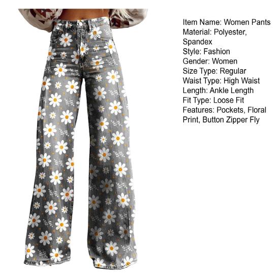 Yousheng Women Retro Pants High Waist Button Zipper Fly Pockets Long Trousers Digital Floral Print Casual Pants Distressed Straight Wide Leg Pants