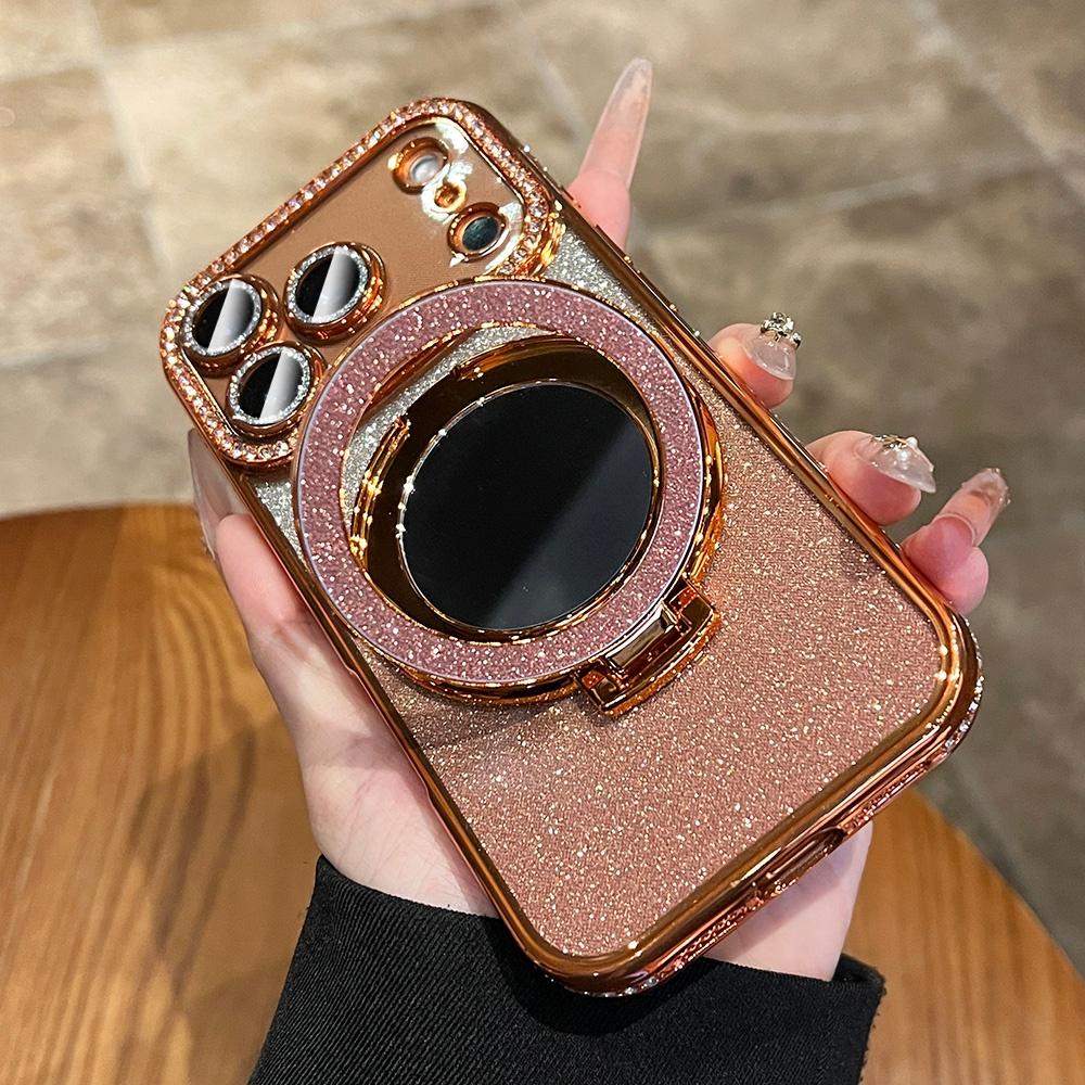 Gradient Glitter For Magsafe Magnetic Mirror Stand Holder Case For iPhone 13 14 15 16 17 Pro Max Bling Diamond Shockproof Cover