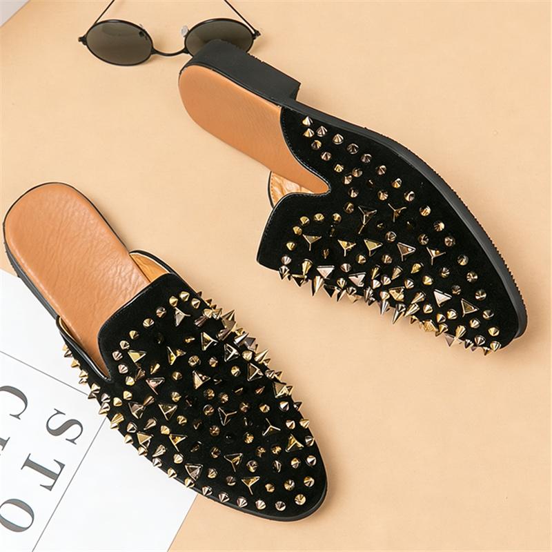 Designer New Men's Half Slippers Hip Hop Punk Rivet Shoes Slip on Casual Mules Moccasins Breathable Loafers Zapatos Hombre