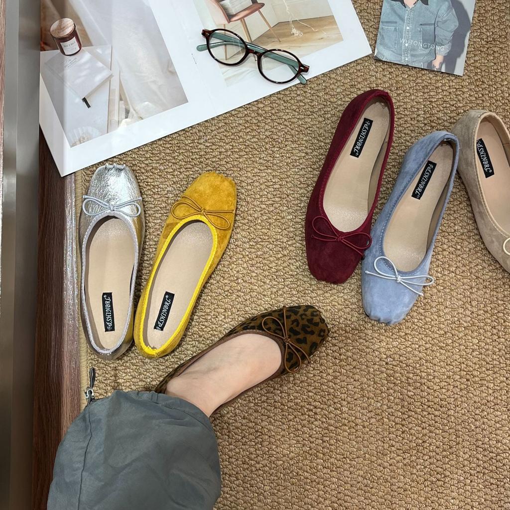 French Inner Heightening Suede Ballet Single Shoes Women's Shoes 2025 New Spring and Autumn Bow Red Evening Shoes