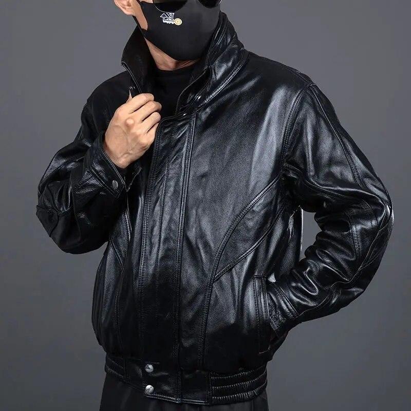 Cow Leather Loose Cotton Men Leather Coats Winter Stand Collar Genuine Leather Jackets Solid Warm Zipper Pockets Pilot Overcoat