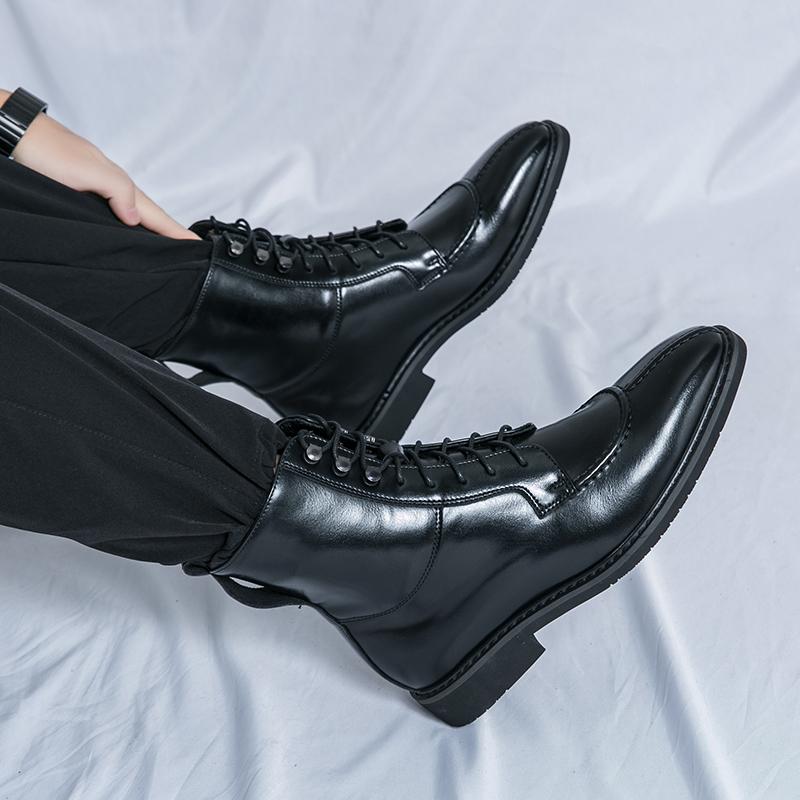 Winter New Luxury Motorcycle Boots Point-Toe Leather Boots Men Business Chelsea Boots Men Style Ankle Boots Riding Boots Lace-up