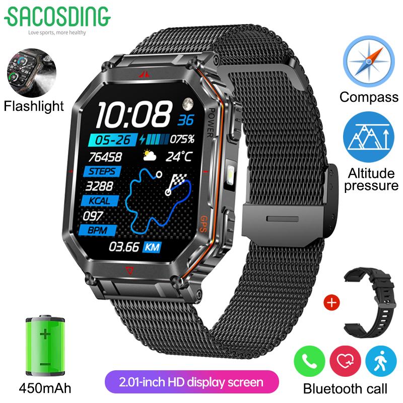 New Smart Watch GPS Sports Men Compass LED Flashlight Altimeter Barometer Bluetooth Call 3ATM Waterproof AMOLED Screen Smartwatch 450mAh