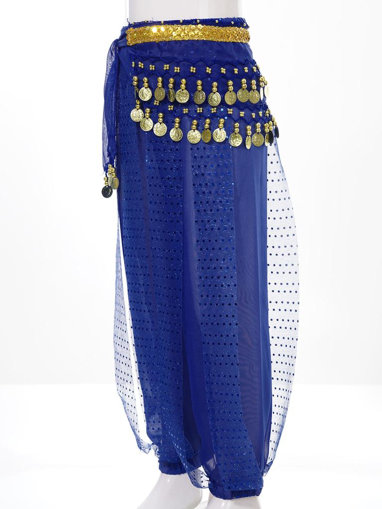 Kids Girls Belly Dance Performance Pants Sequined Dots Chiffon Trousers Bloomers with Tassels Waist Chain Hip Scarf