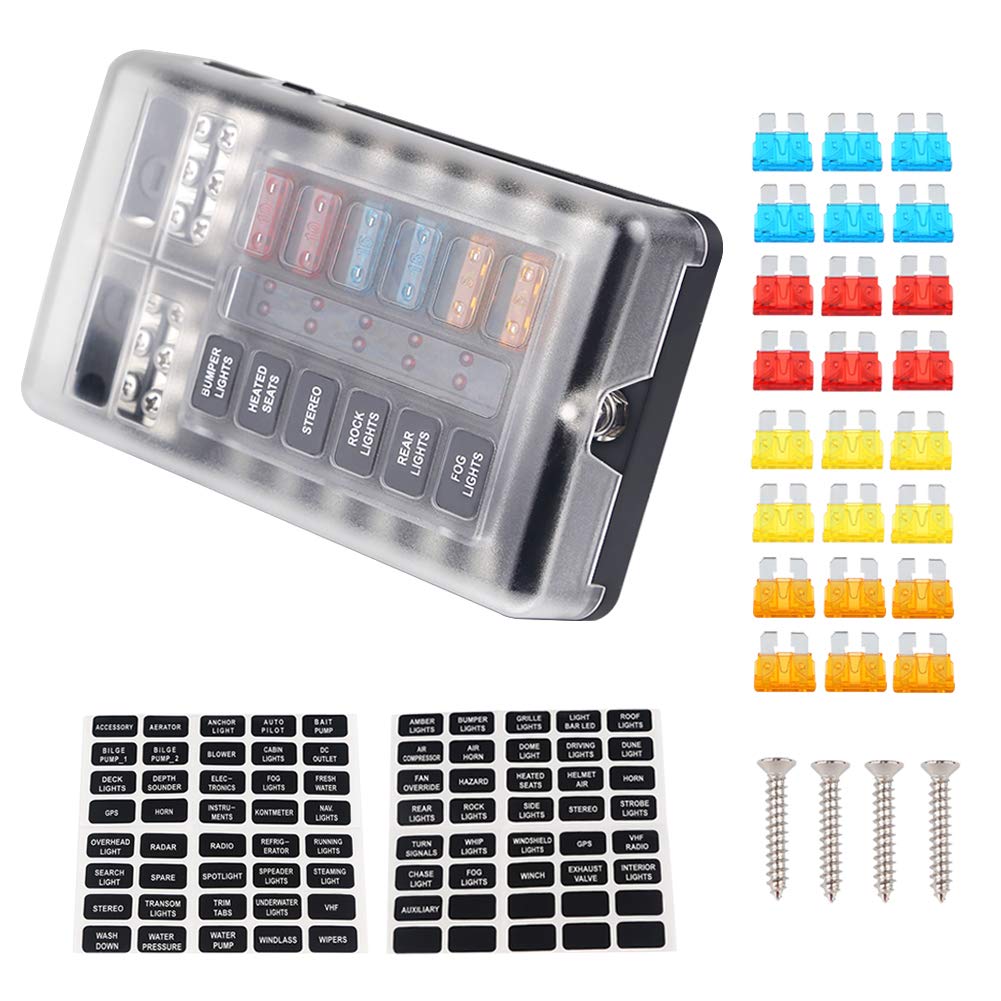 ADPOW предохранительный блок 12 держатель водонепроницаемый пылезащитный светодиодный сигнальный фонарь блок защиты цепи с комплектом для зуммера и наклейкой ATOATC лезвие предохранитель для авто B