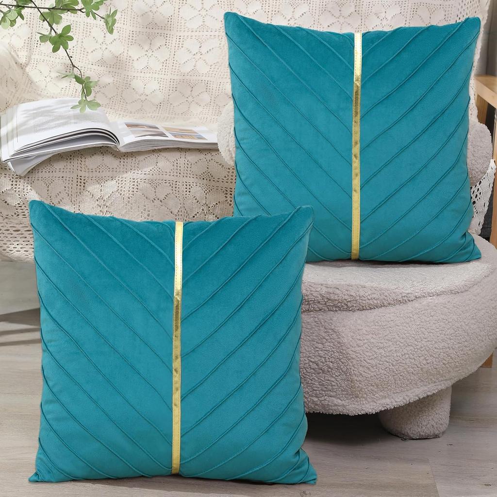 Velvet Set of 2 Throw Pillow Covers with Gold Leather Home Decor Pillowcase Farmhouse Cushion Cover for Garden Couch Sofa Bed Living Room 18 x 18