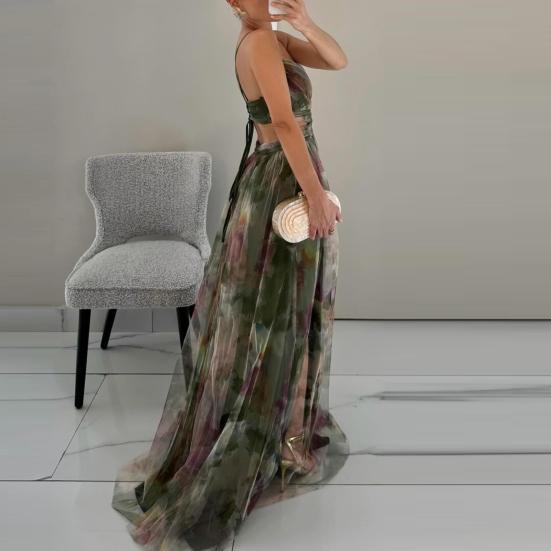 Women's Spaghetti Strap Maxi Dress Floral Boho Deep V-Neck Hollow Out Mesh Pleated Dress Summer Beach Party Swing Long Dress