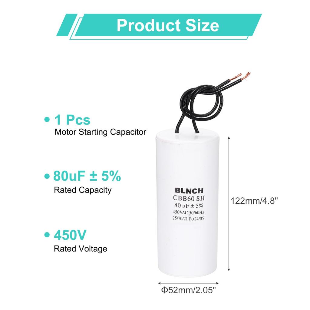 uxcell CBB60 Running Capacitor 80uF 450V 2-Wire Electric Air Compressor Motor Run Start Capacitor