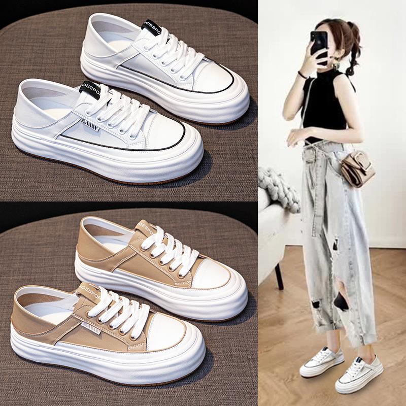 Туфли Baotou Small White Shoes Step on Heel, женская повседневная верхняя одежда на весну, туфли на плоской подошве для студентов, кроссовки на толстой подошве со шнуровкой