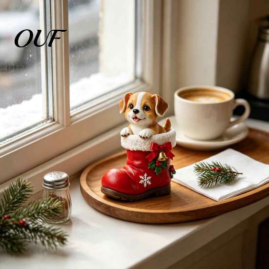Small Resin Animal Figurines Christmas Puppy in Santa Boot Figurine, Cute Dog Holiday Tabletop Decor with Boots Figurine Bow Bell Holly, Festive Home