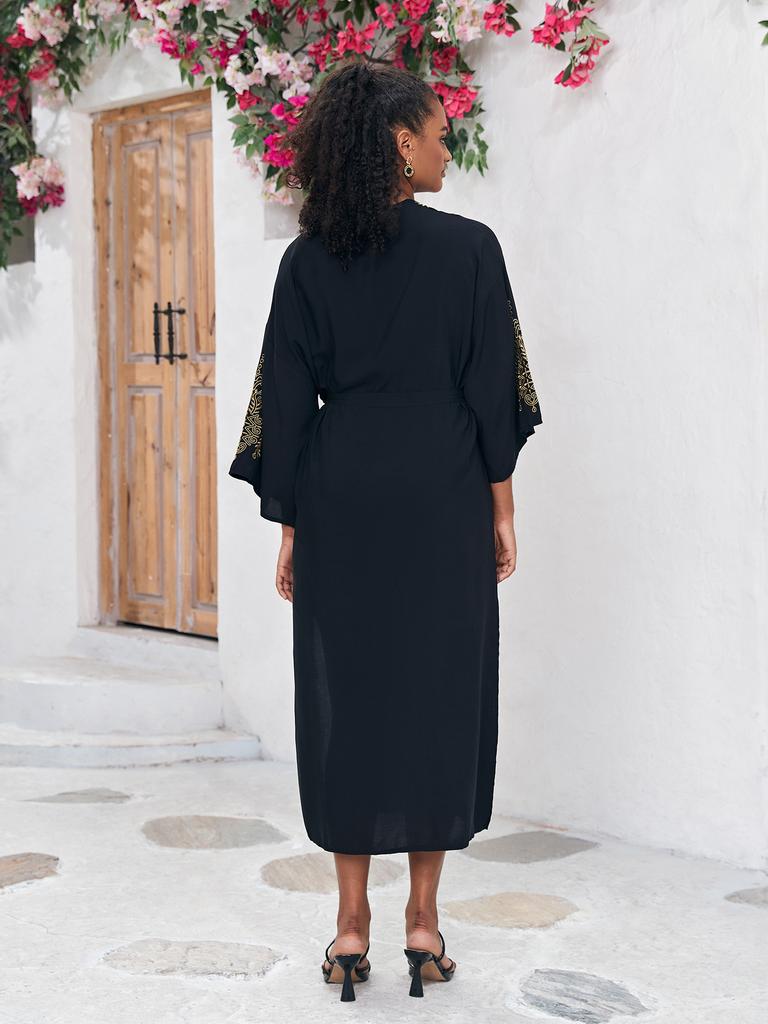 Beach Kimono Gold Embroidery Cover Ups for Swimwear Self Belted Swimsuit Cape Wrap Dresses Holiday Bathing Suits