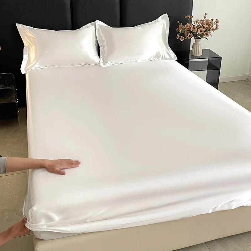 Solid Color Fitted Sheet Single Double Queen Size Mattress Cover Luxury Satin Rayon with Elastic Band Bedsheet 140/160/180/200cm