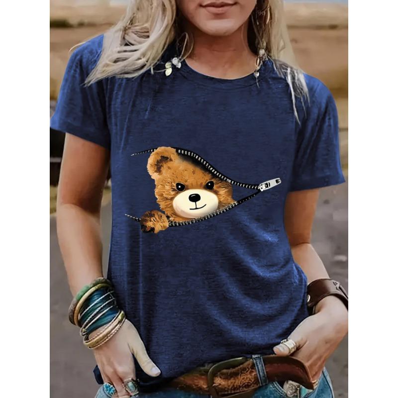 Свободная футболка с коротким рукавом и круглым вырезом с принтом «Медведь на молнии» для женщин