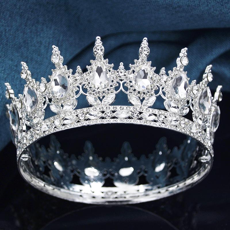 Queen King Wedding Crown Round Tiaras and Crowns Bride Diadem Birthday Party Cake Topper Jewelry Hair Accessory