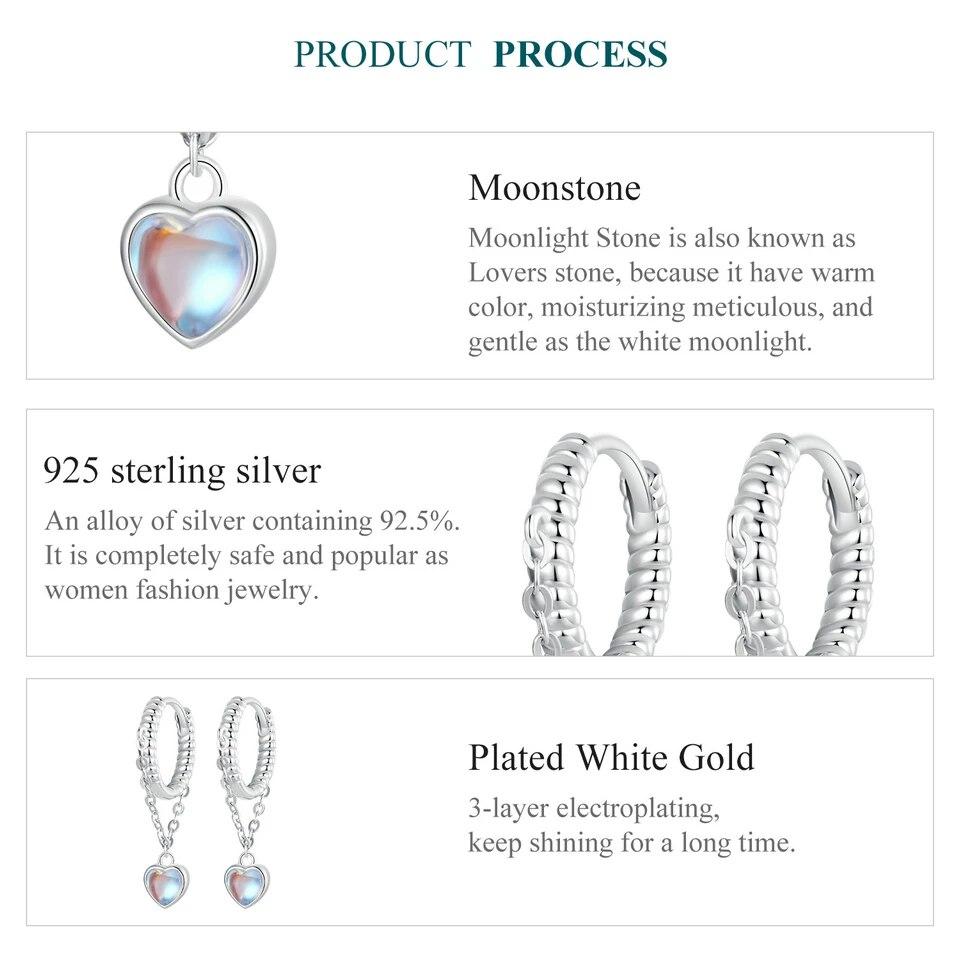 Серьги-капли BAMOER из белого золота с покрытием Huggie в форме сердца, серьги-капли с лунным камнем, женские серьги из стерлингового серебра 925 пробы, гипоаллергенные серьги с фианитом