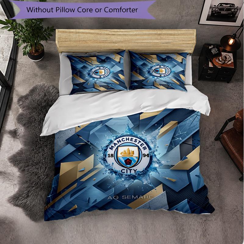 Manchester City Pattern 3 Pieces Bedding Set Soft Microfiber Duvet Cover with Pillow Cases for Bedroom